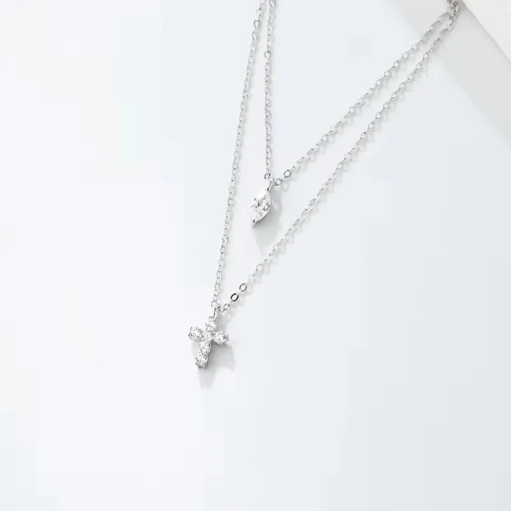 Layered Cross Necklace Silver - Image 3