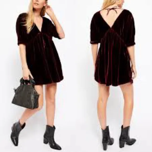 Free People Red Velvet Ivy Mini Baby Doll Vneck Dress XS - Image 2