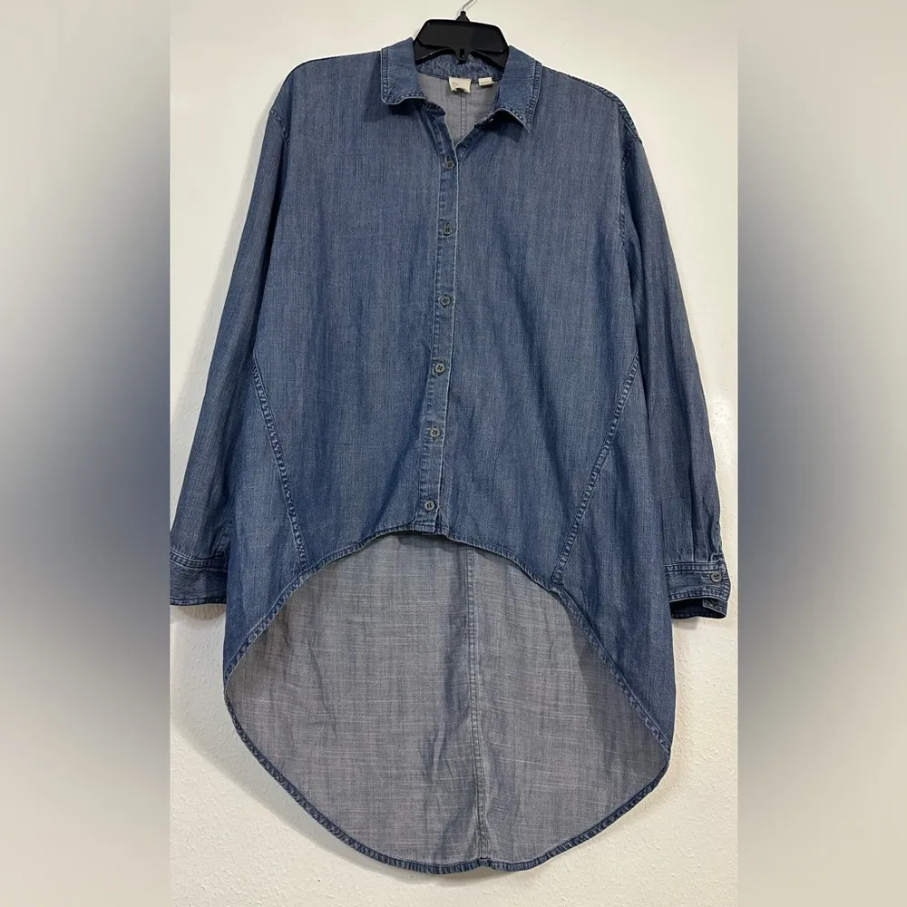 Eileen Fisher Blue Chambray Denim Asymmetrical Long Sleeve Shirt - Image 3