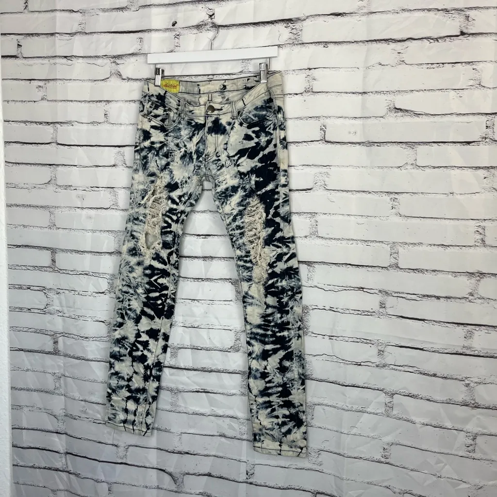 Machine Nouvelle Mode Women’s Straight Jeans Black Cream Tie-Dye Ripped 30x31 - Image 8