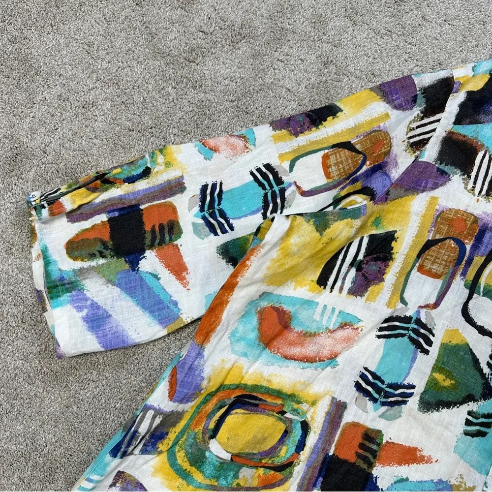 Ali Miles Linen Cotton Geometrical Woven Collar Button Up Shirt Art to Wear 3X White - Image 5