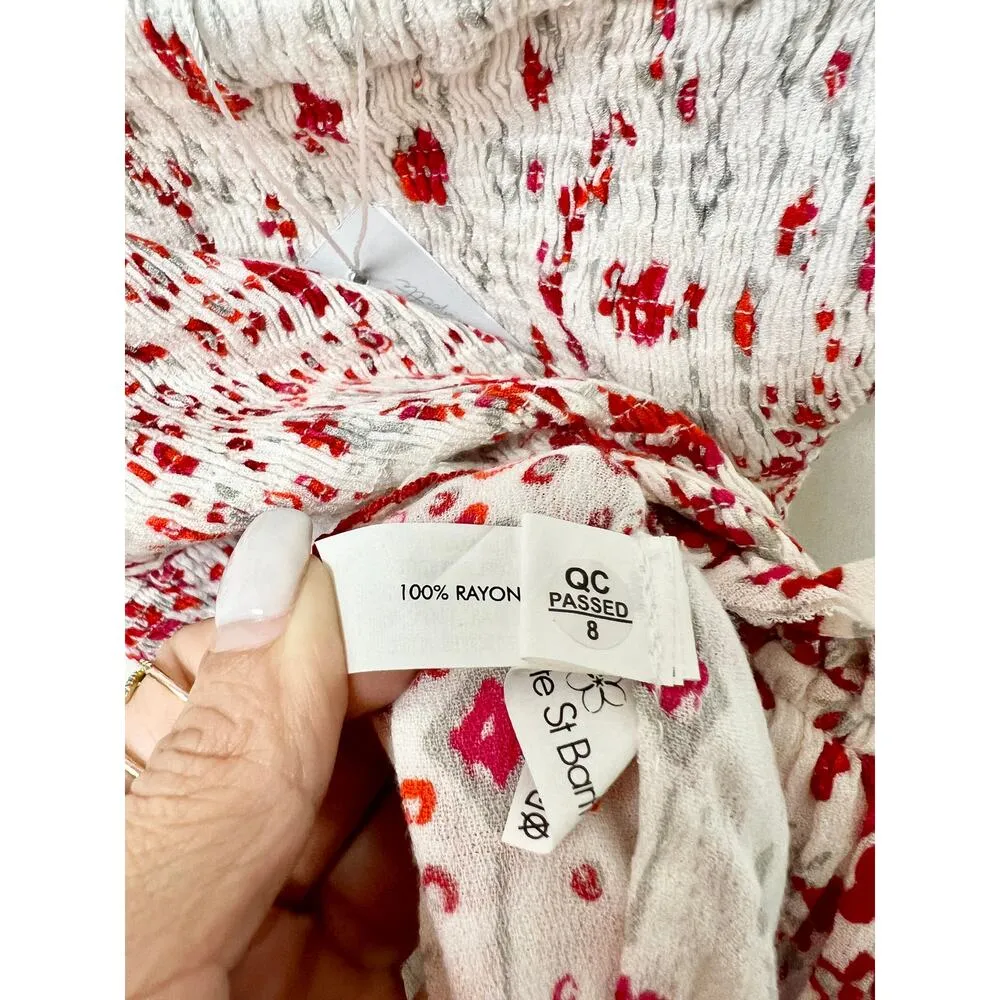 NWT Poupette St Barth Rayon Georgette Print Smocked Mini Skirt White/Red S - Image 7