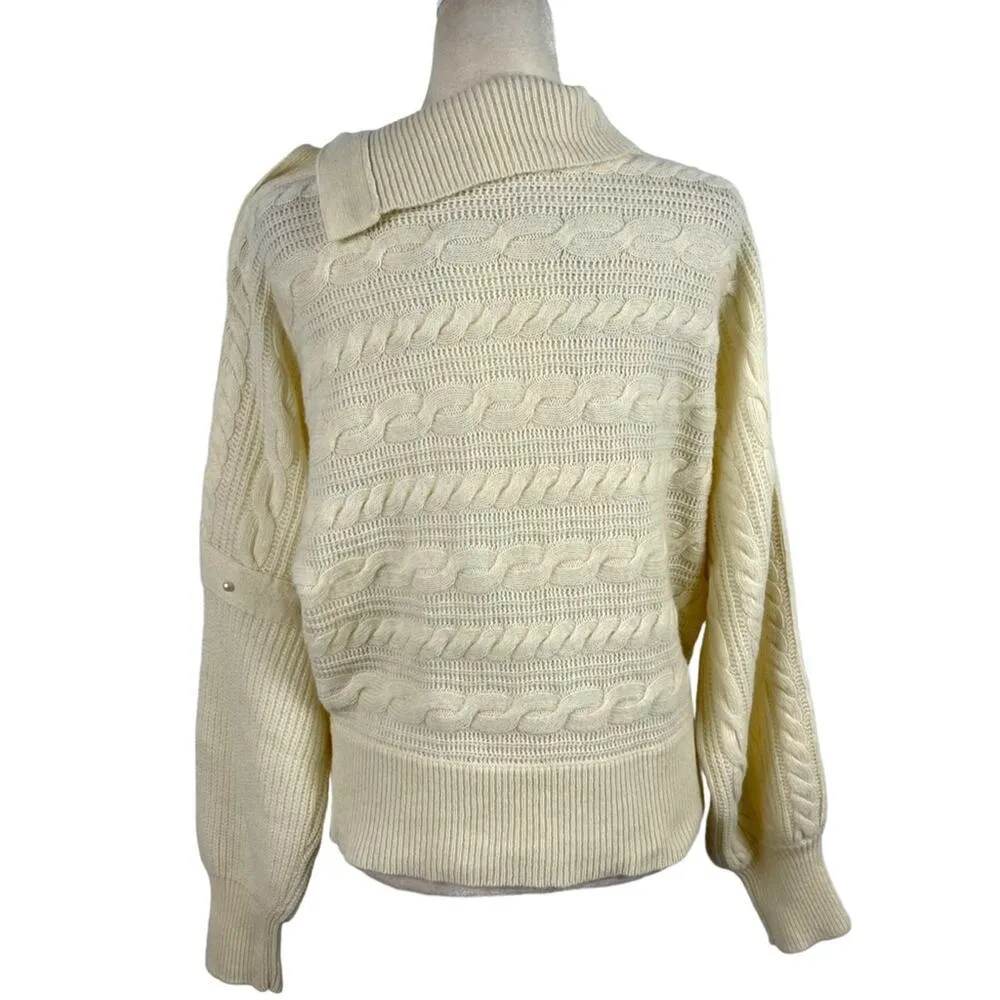 PHILOSOPHY DI LORENZO SERAFINI Pearl Embellished Cable Knit Boxy Sweater Size 4 White - Image 14