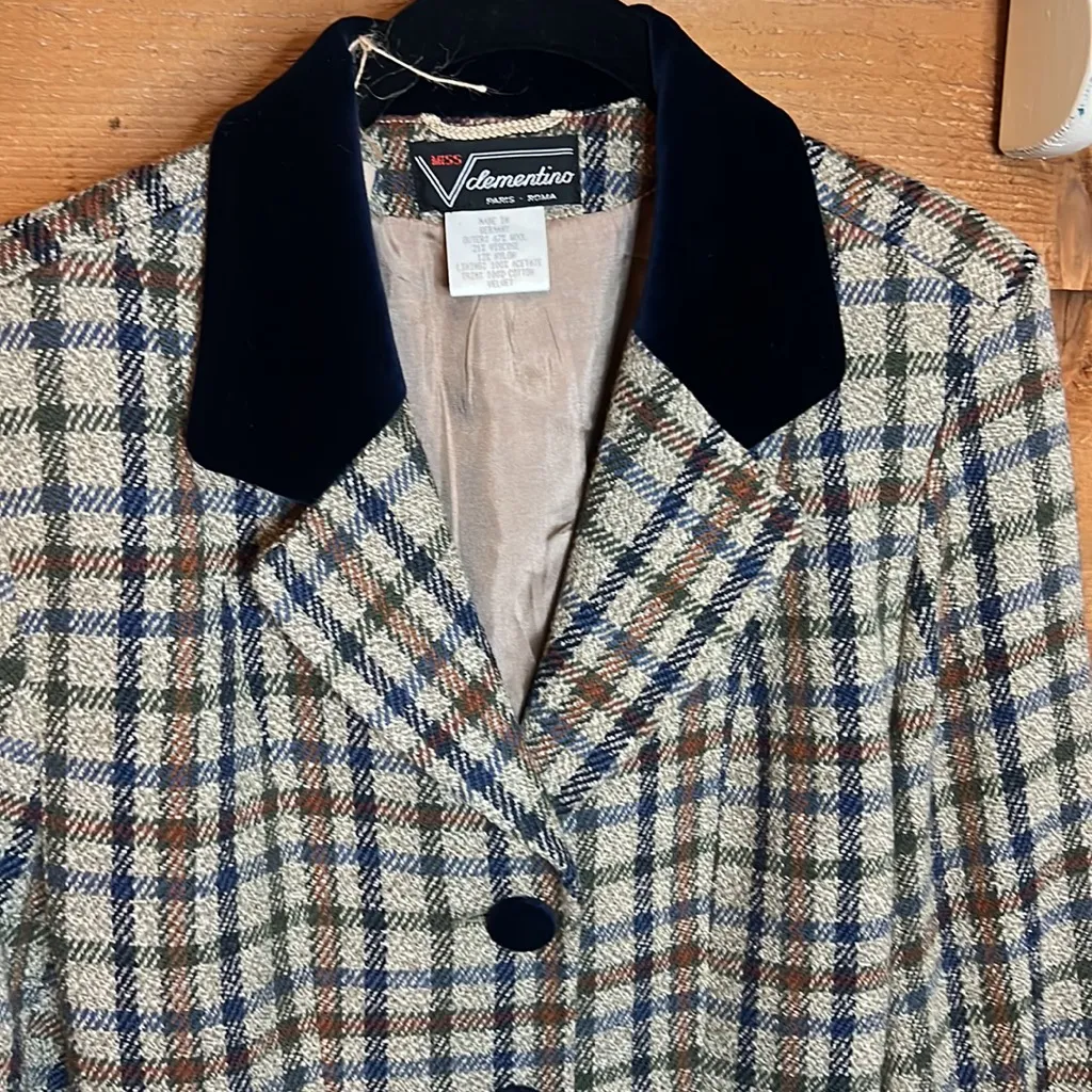 Miss V Clementino German Velvet Wool Plaid vintage Blazer Jacket Academia Paris Black Size 8 - Image 3