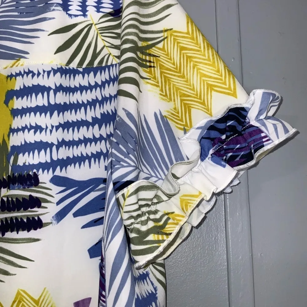 Chico’s Costa Collage Short Ruffle Sleeve Tunic Blouse Amparo Blue Pattern Med - Image 6