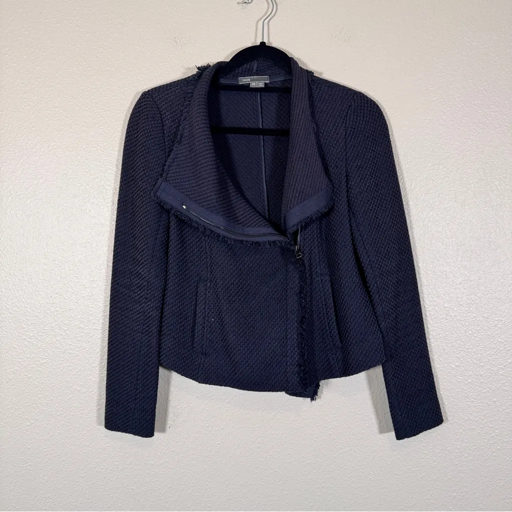 Vince Navy Blue Tweed Asymmetrical Zip Blazer Jacket Womens XS Preppy Classic - Image 11