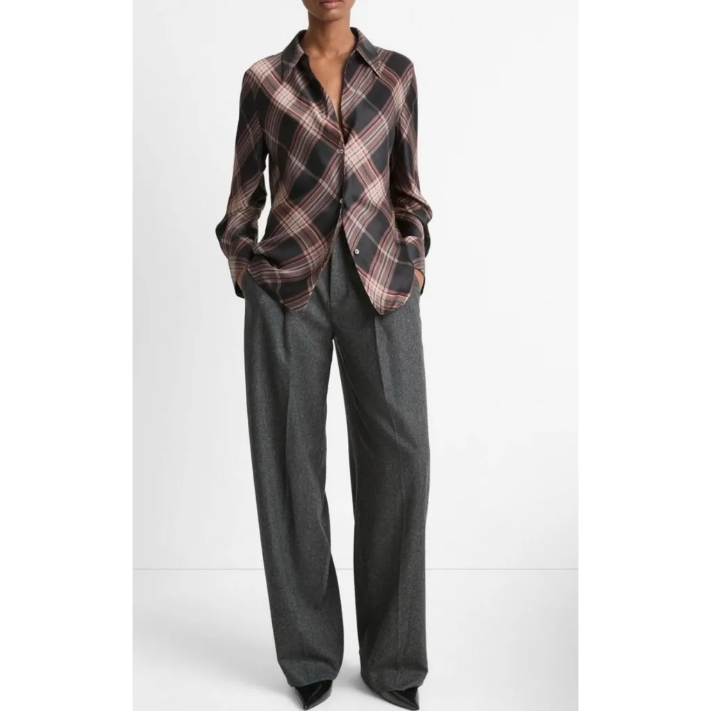VINCE 100% silk Plaid Button-Up blouse NEW - Image 2