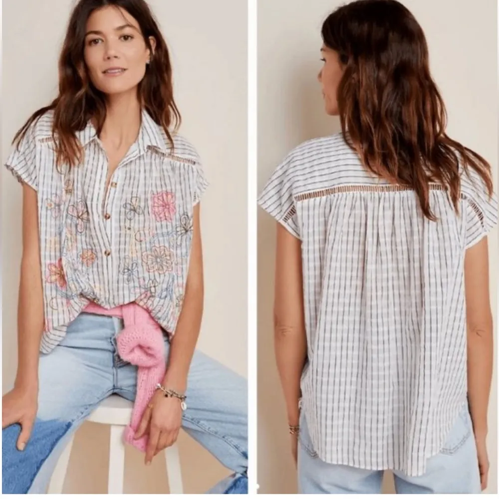 ANTHROPOLOGIE Pilcro Serena Surf Henley Linen Blend Blouse Size XS - Image 2