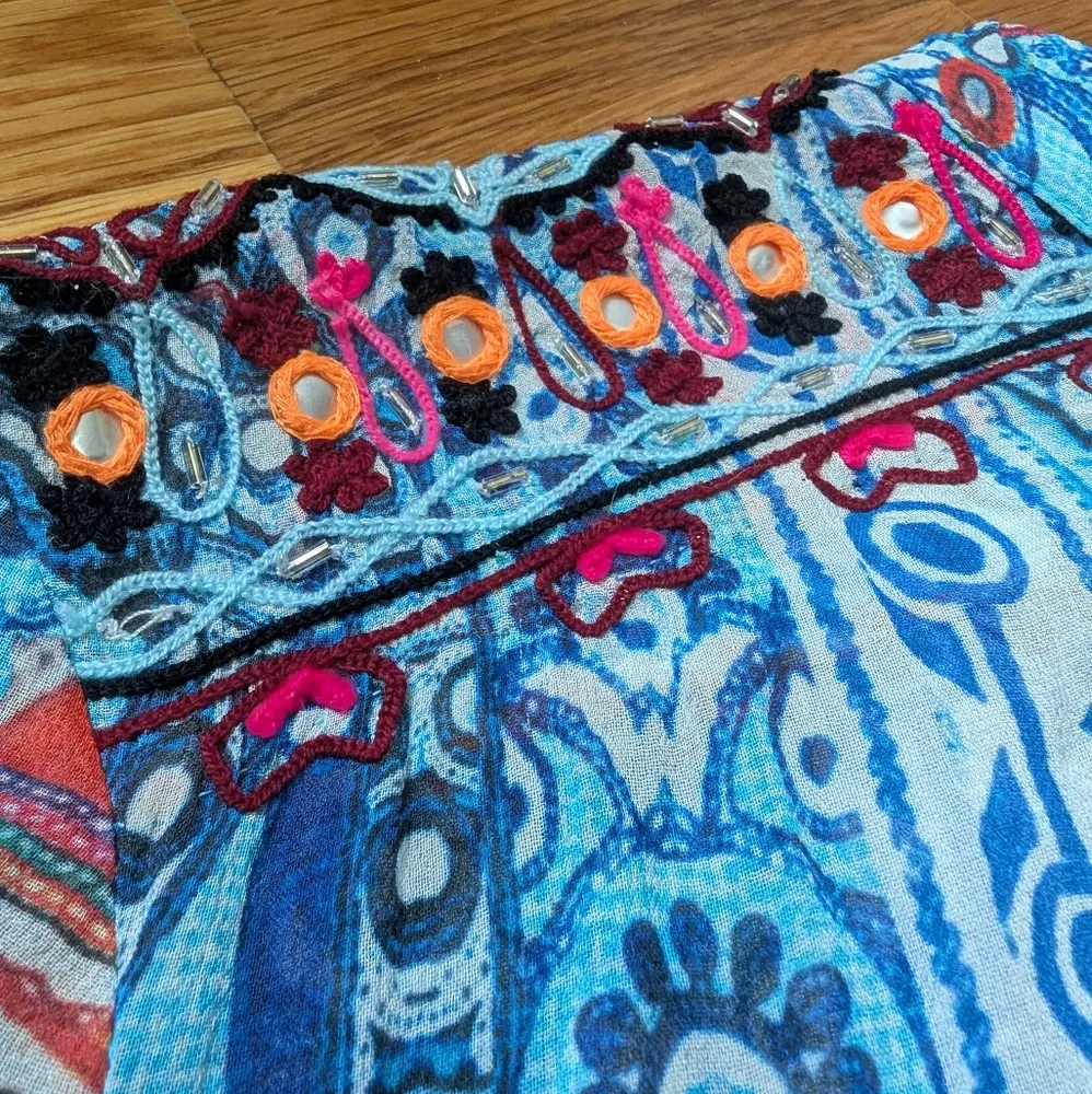 Hemant & Nandita Silk Mini Dress Bohemian Blue and Red Patterned Size Medium - Image 6