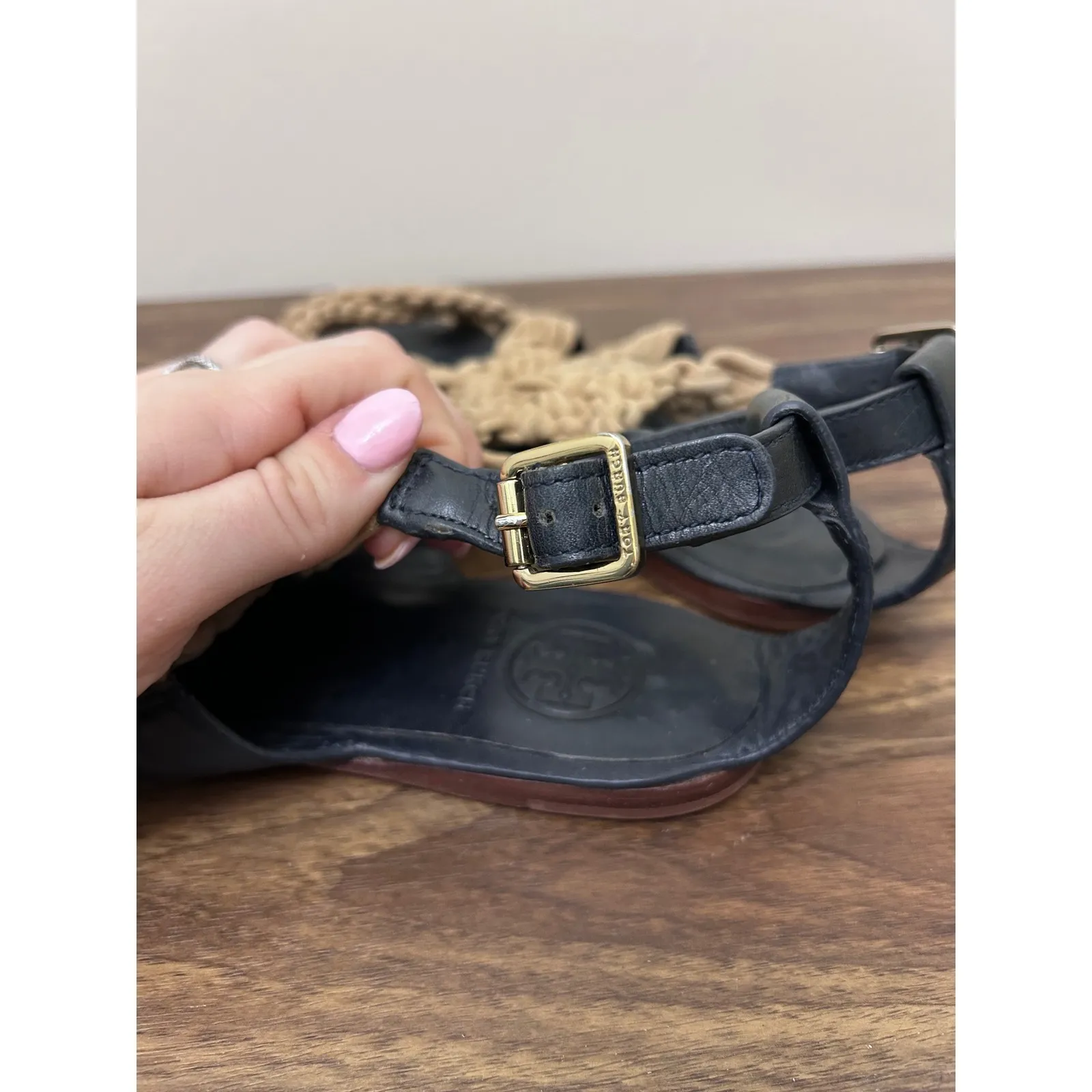 Tory Burch Black Leather Macrame Strap Flat Sandals Women Size 7.5M - Image 7