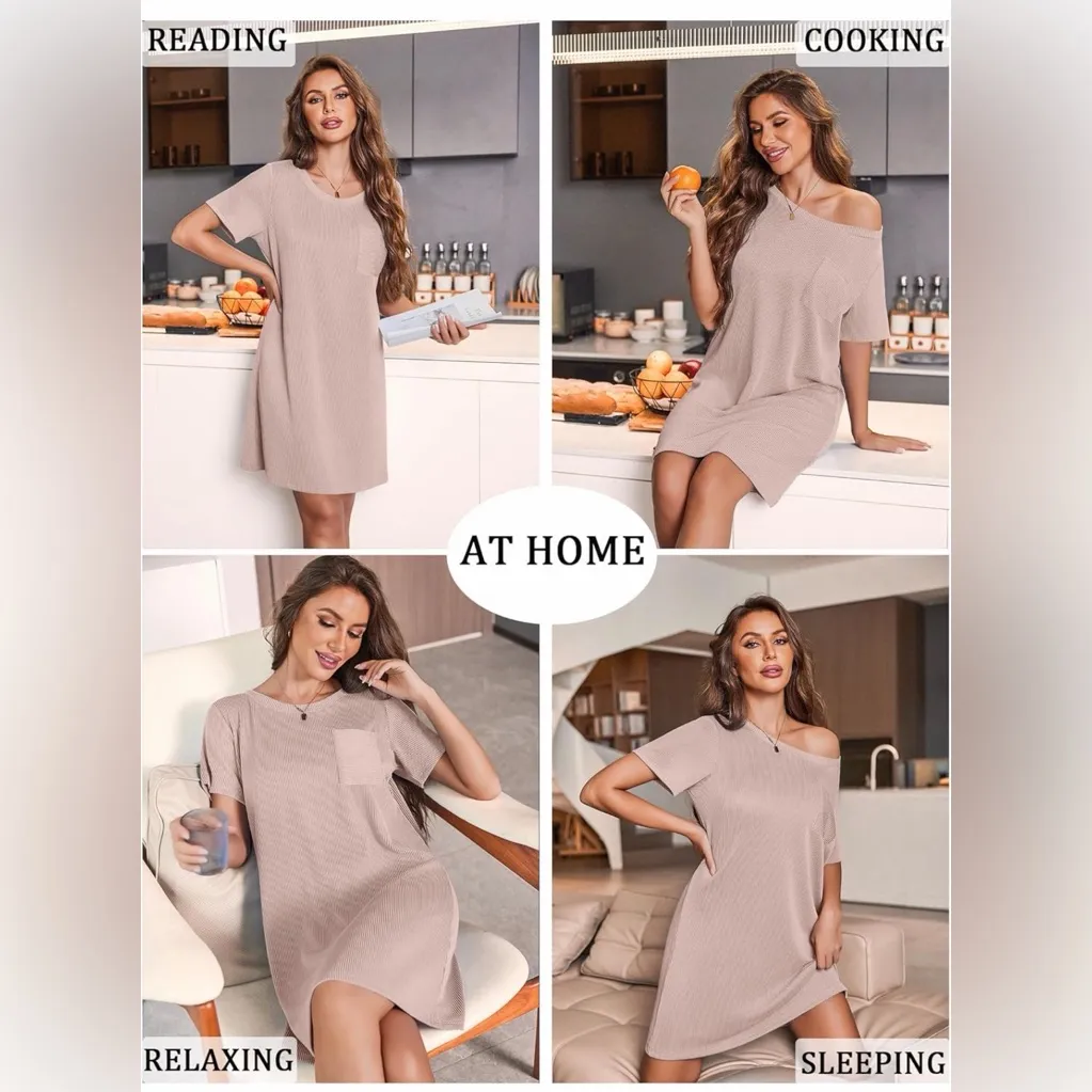 NEW Ekouaer Nightgown Ribbed Sleep Shirt Dress OR Dress Short Sleeve XL - Image 4