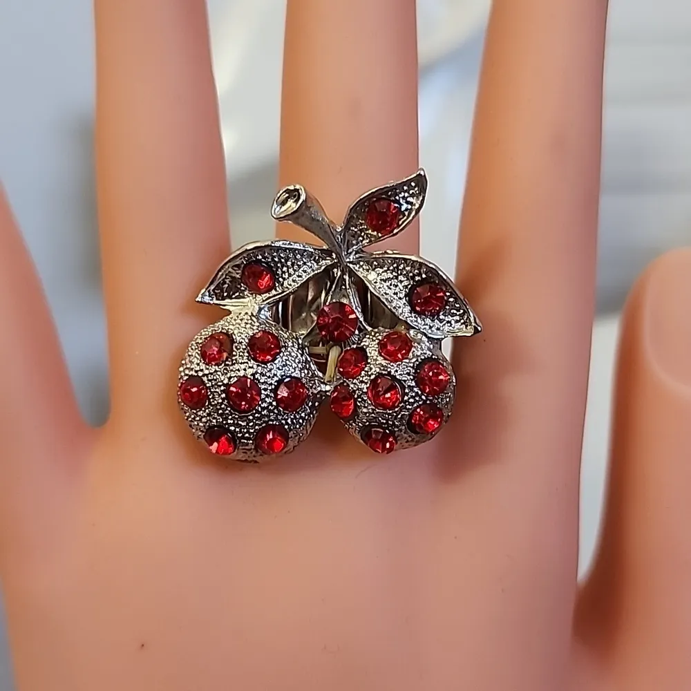 Silver Red Crystal Cherry Stretchy Ring - Image 6
