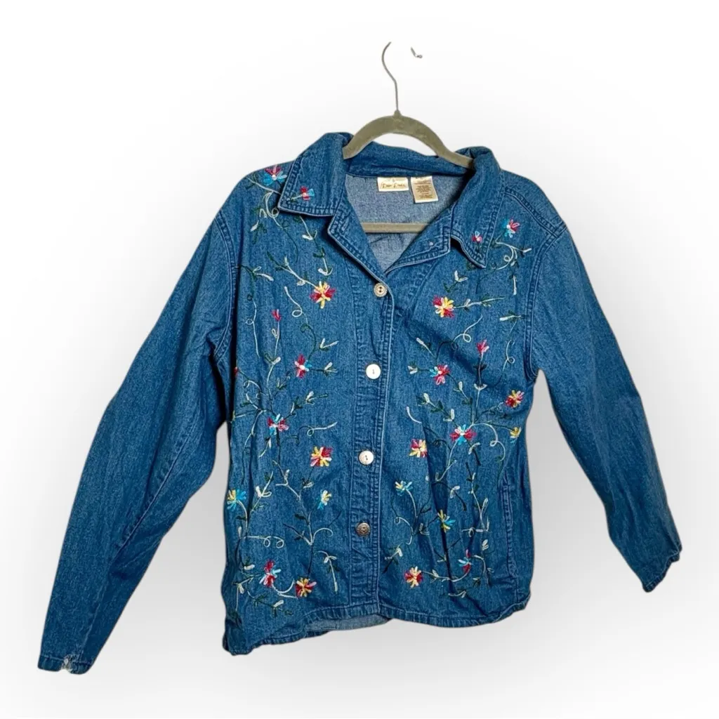 Bobbie Brooks Floral Embroidered Denim Jacket Medium Wash Button Front L Blue Size L - Image 2
