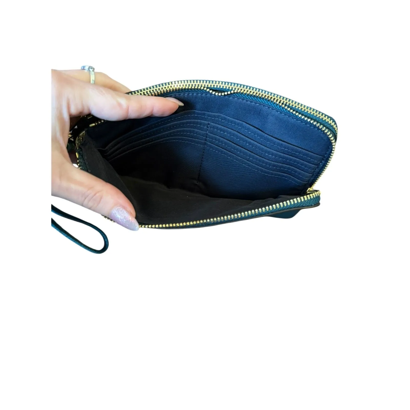 Coach Dempsey Teal Pebble Leather Double Zip Wristlet with Gold Hardware - Image 10