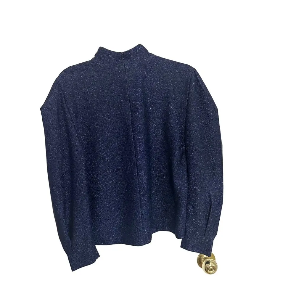 PatBO Lurex Super Puff Sleeve Top Navy Glitter Size Small Turtleneck Blue - Image 5