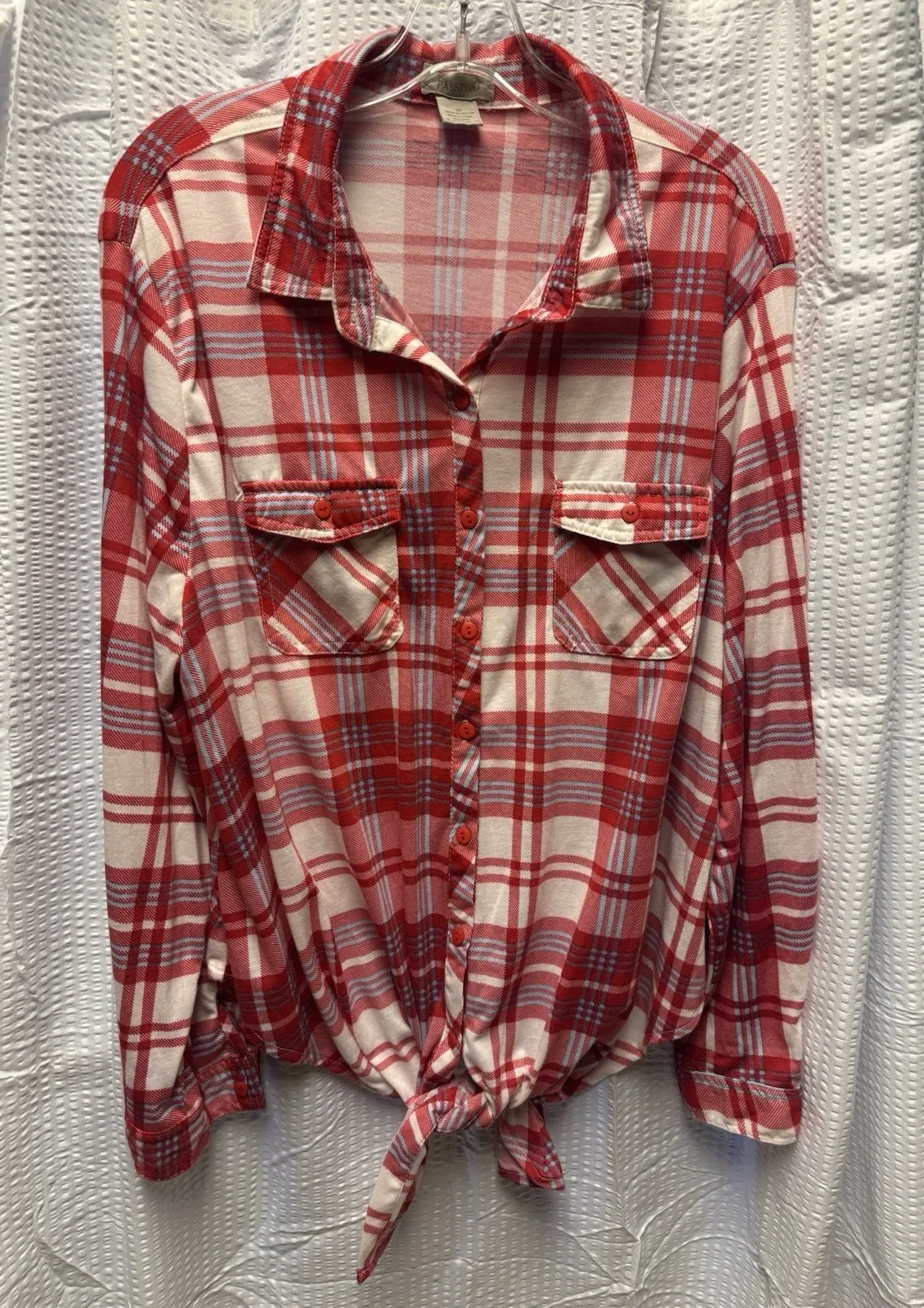 Passport Women's 3X Button Up Asymmetrical Hem Front Tie Red Plaid Shirt Size undefined - Image 1