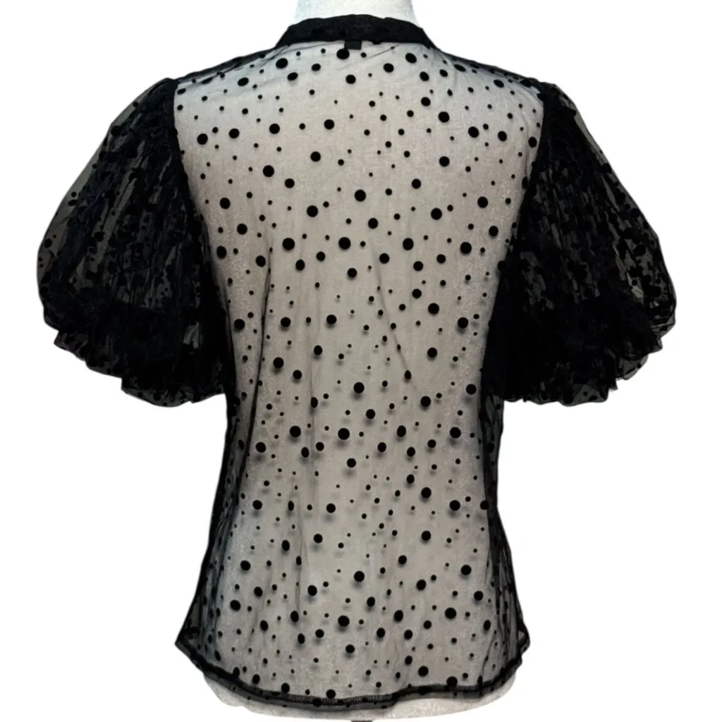 NEW Polka Dot Sheer Black Puff Sleeve Button-Up Blouse By Haute Monde Size S - Image 7