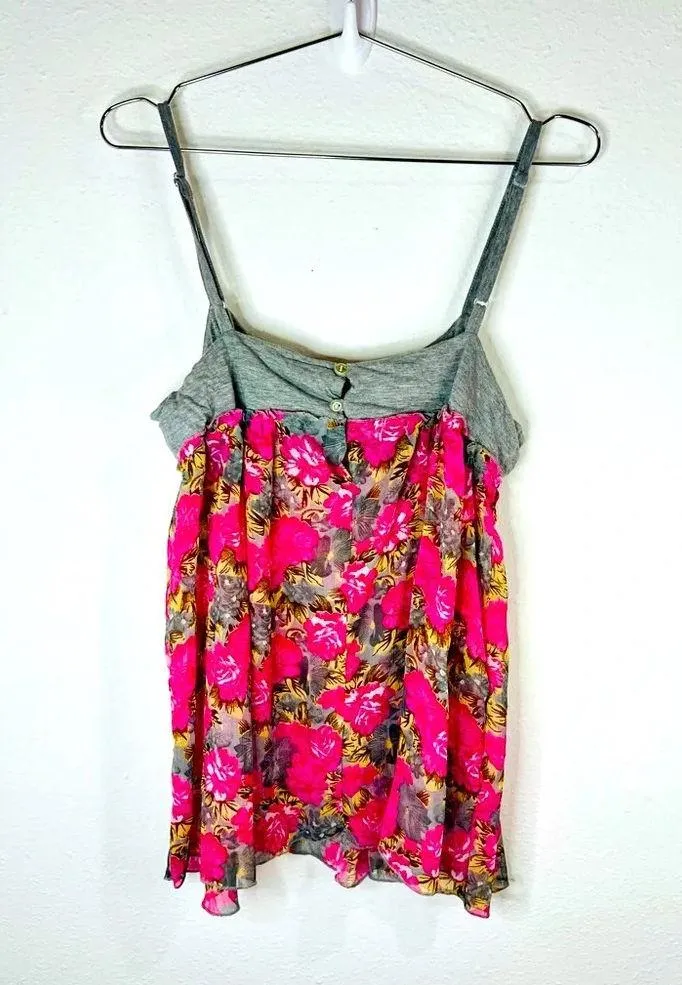 Rue21 Babydoll Tank Grey Top Pink Floral Mesh Bottom Layer Polyester Size Small - Image 4