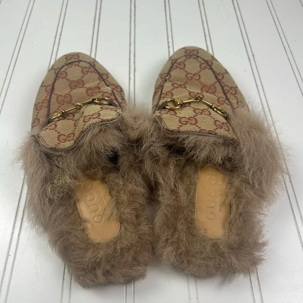 Gucci Princetown Beige Canvas Original GG Fur Loafer Mules Women’s Size US 7.5-8 - Image 3