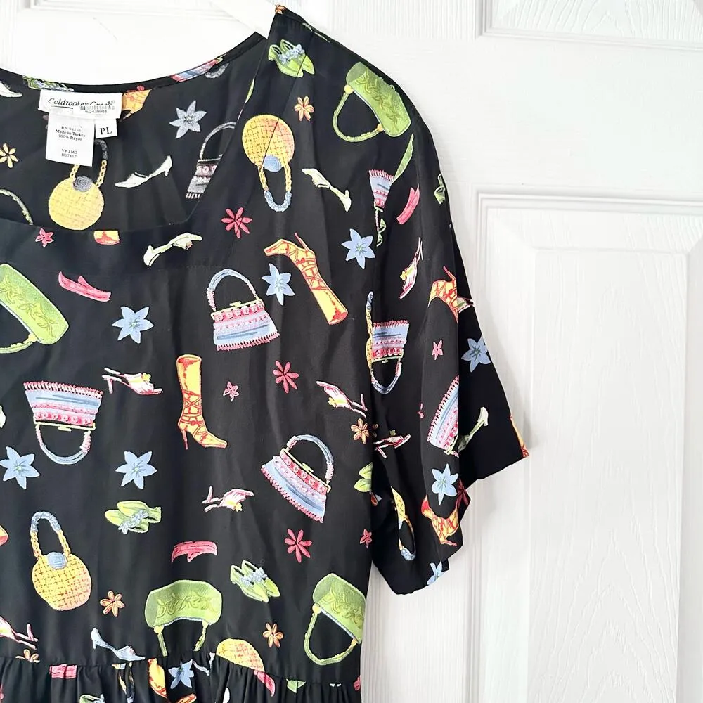 Coldwater Creek Black Square Neck Novelty Shoes Purse 90s Tie Back Midi Dress LP - Image 5