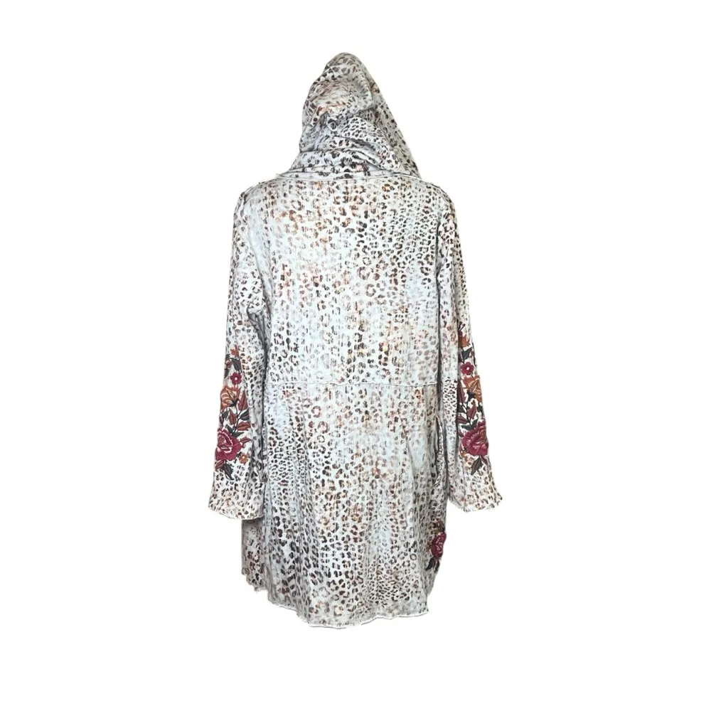 CAITE Athleta Open Front Floral Embroidered Leopard Cardigan Hooded Sweater Sz S - Image 4