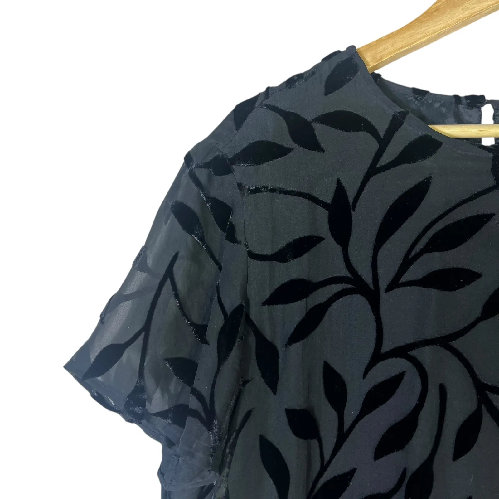 Black Velvet Leaf Print Sheer Mesh Top Skirt Set Womens Elegant Evening Occasion - Image 3