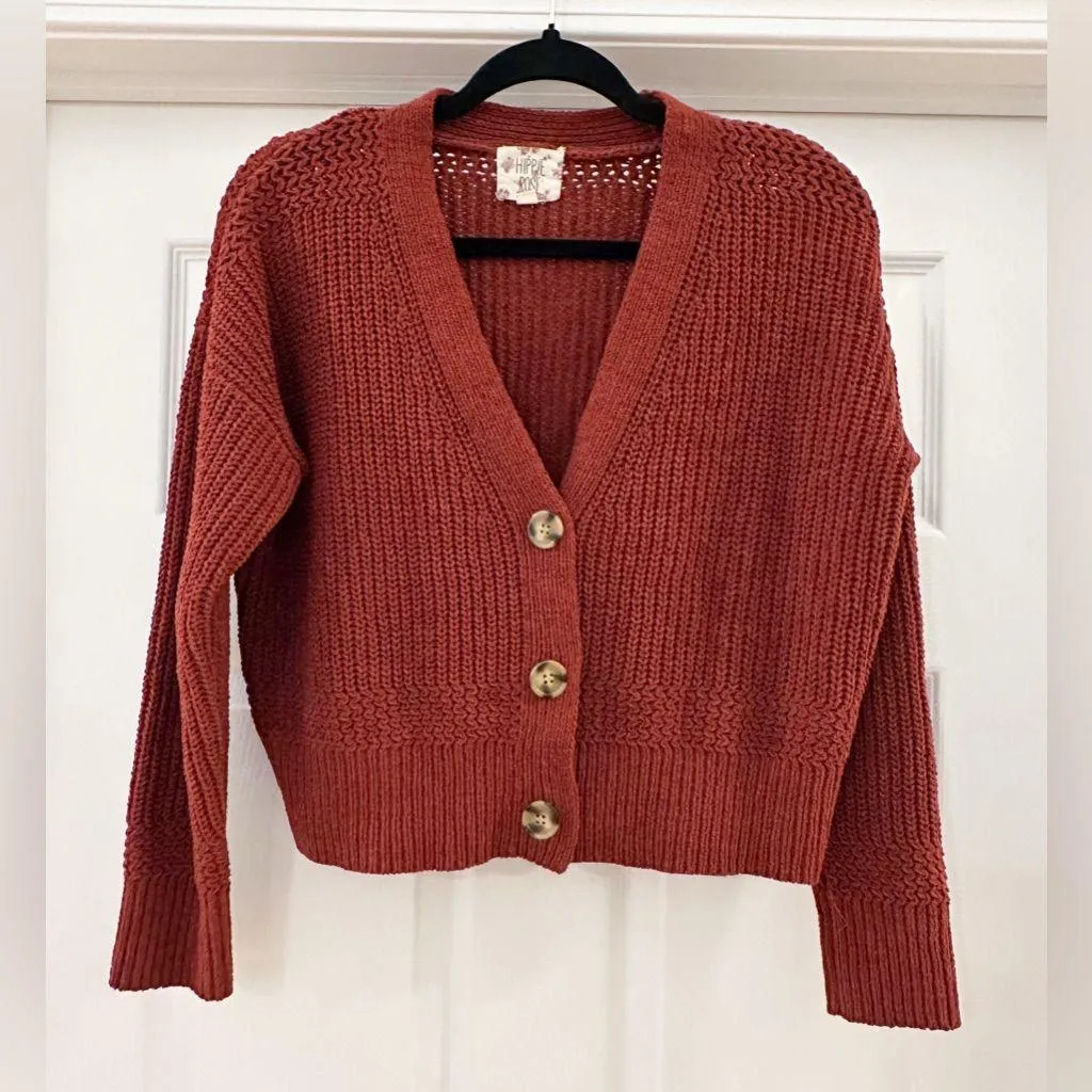 Hippie Rose V Neck Cardigan Sweater Burnt Red size Small - Image 2