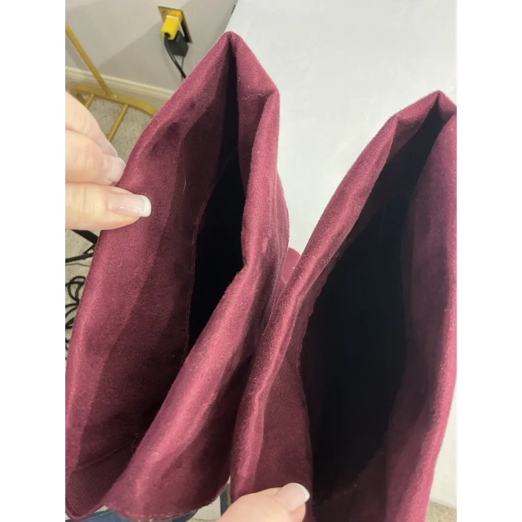 Womans Knee Length Tall Boots 8.5 Maroon Pull On Platform Stilettos Cuff Red - Image 7