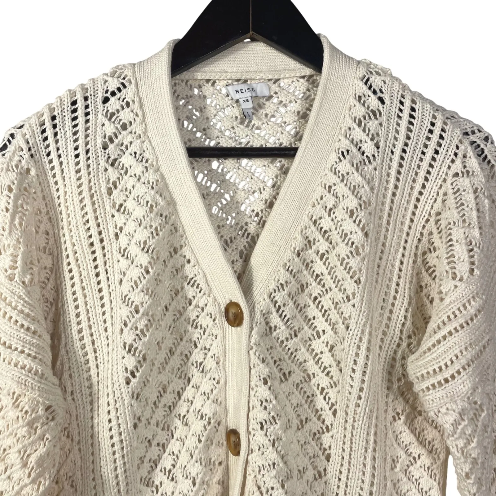 REISS Open Knit Cardigan Women's XS Cream Linen Cotton Blend Button Front Chic - Image 2