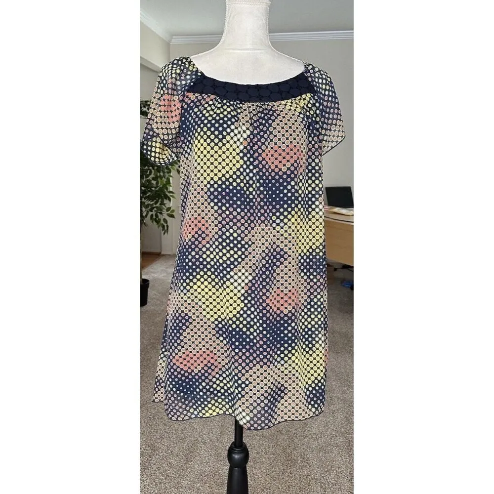 KLD Signature Geometric Print Chiffon Sheer Shift Dress Eyelet Lace Neck Size L - Image 5