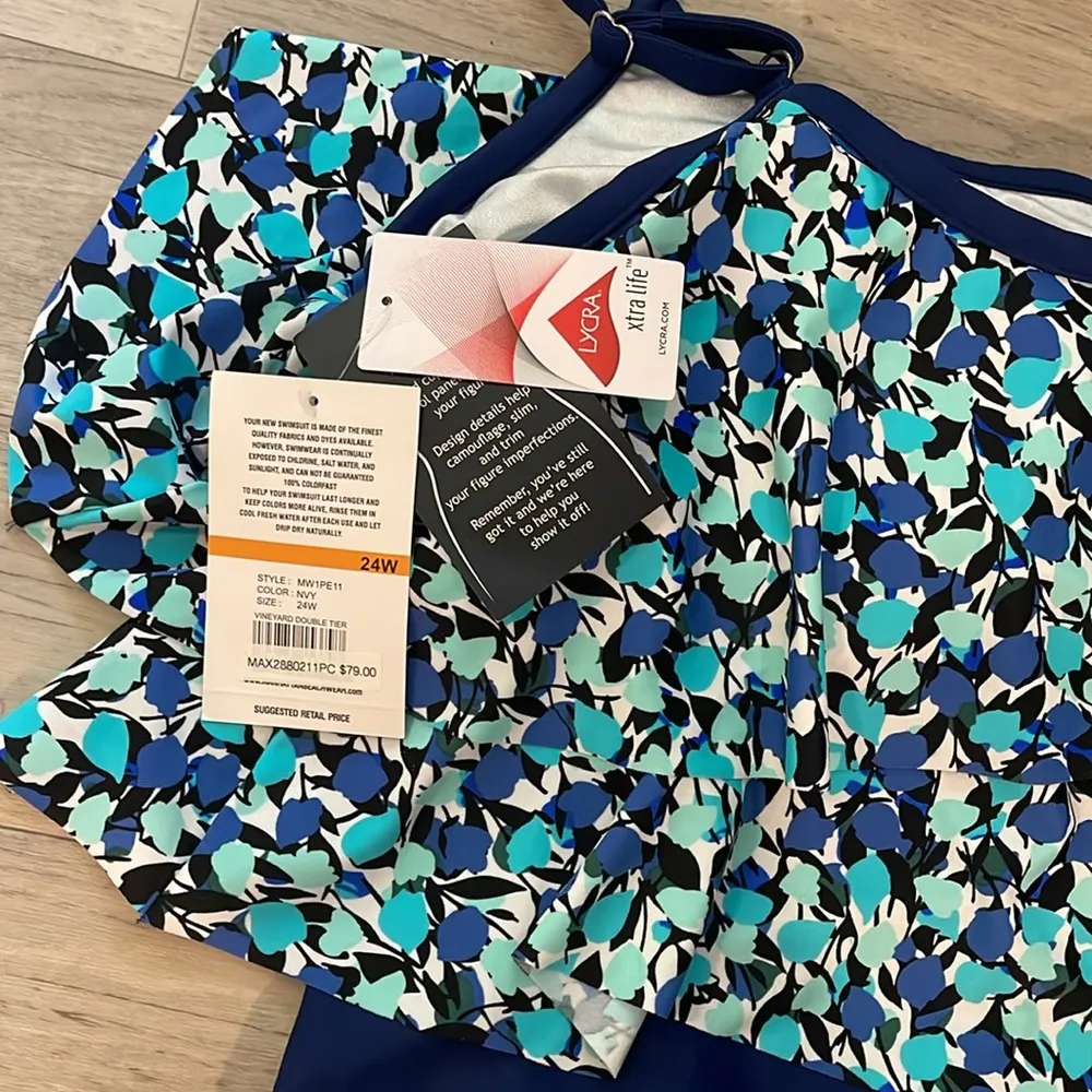 Maxine of Hollywood Tiered ruffle blue white one piece swim suit NWT 24W plus - Image 5