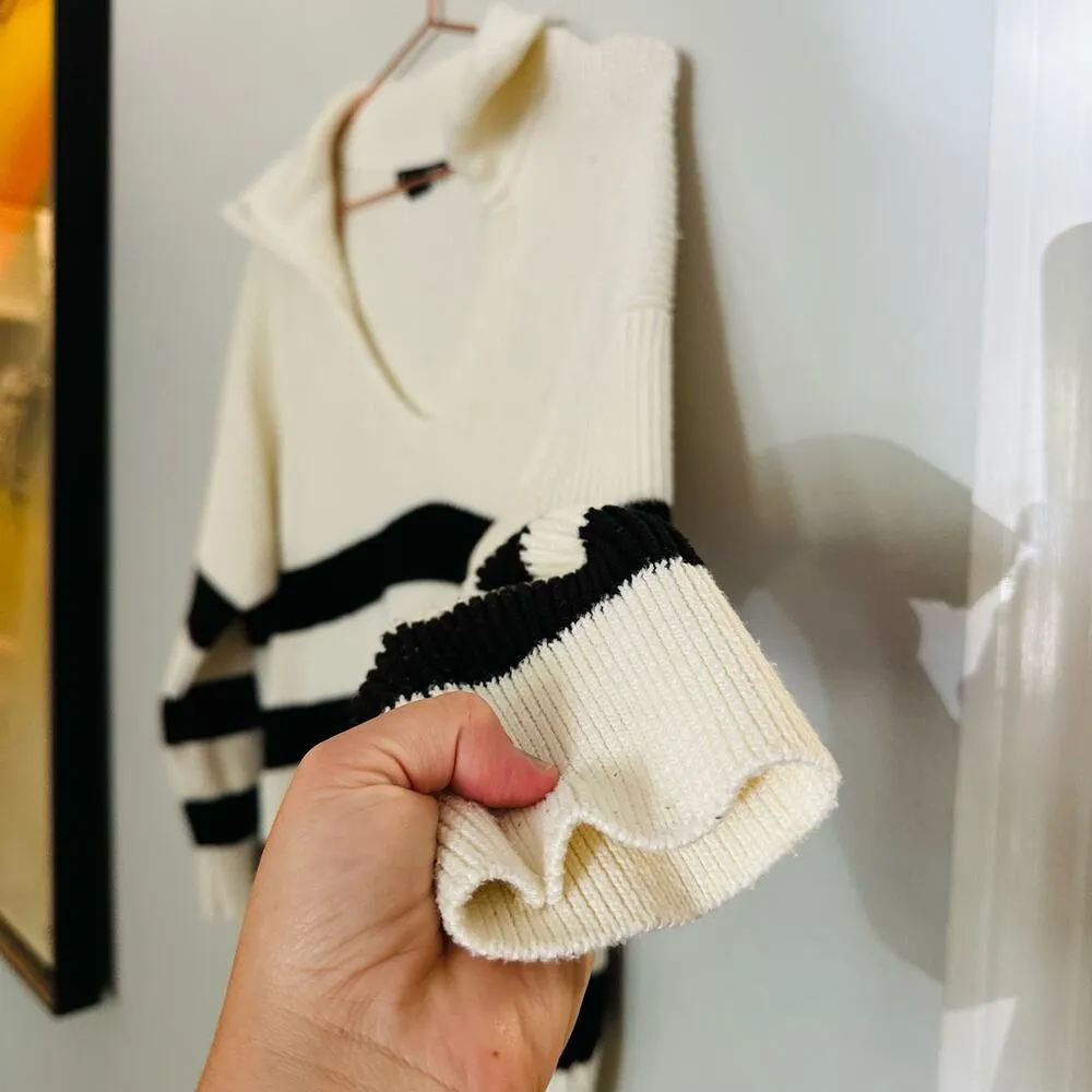 SOON Maternity Jenni Black White Striped Collared V - Image 5