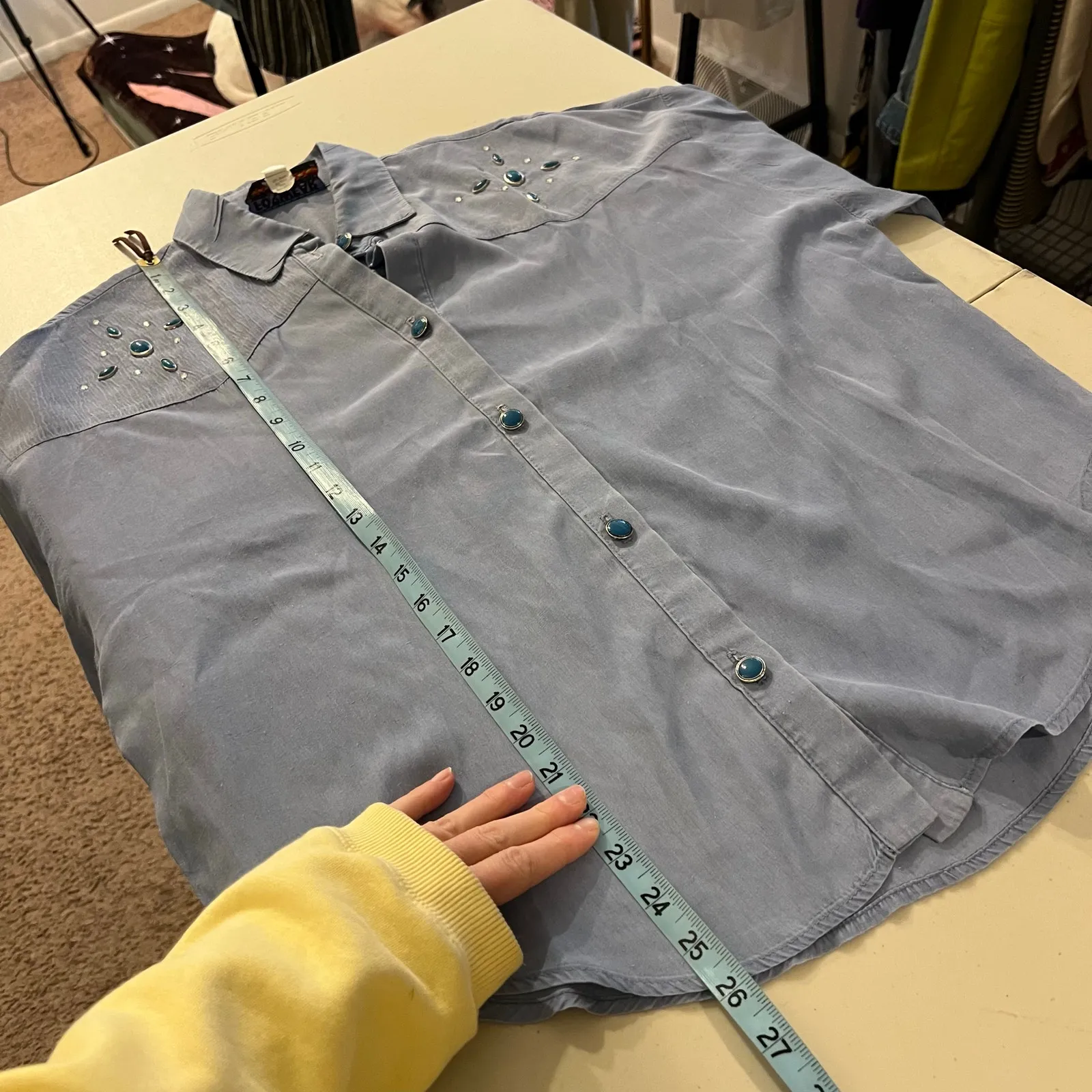 Vintage USA Western Turquoise Stone Button Front Short Sleeve Shirt Size Small Blue - Image 9