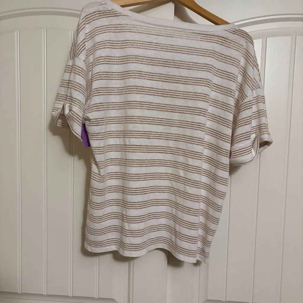 Talbots Roll Cuff T Shirt XL Xtra Large White Gold Stripe Linen Blend Scoop Neck - Image 3