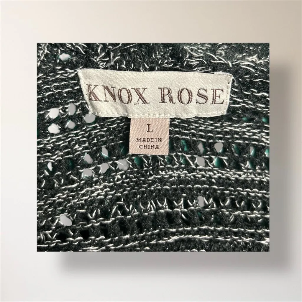 Knox Rose L Black White‎ Fringe Open Front Chunky Knit Cardigan Boho Hippie - Image 6