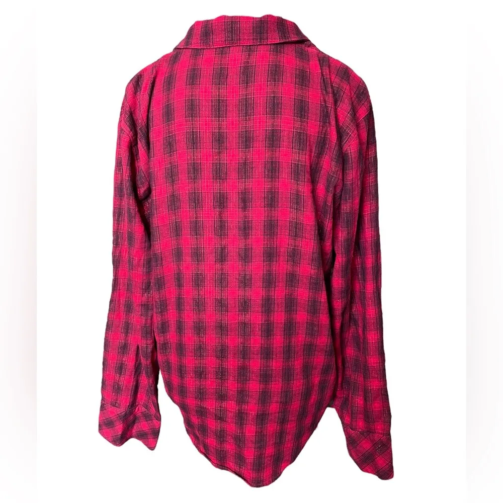 Victoria’s Secret Red Sparkly Metallic Plaid Flannel Festive Holiday Button Top - Image 7