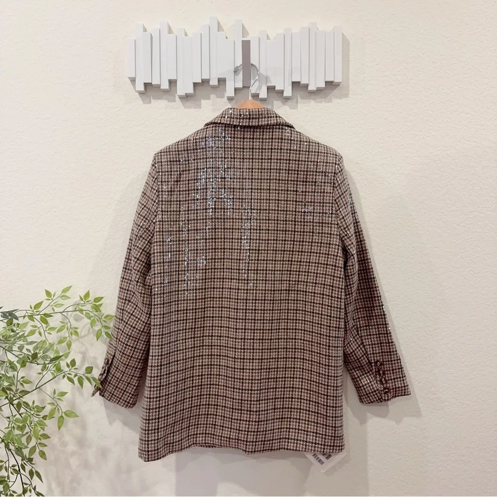 J.ING Jing Brown Houndstooth Sequin Oversized Blazer Suit Jacket Size Small NWT - Image 4