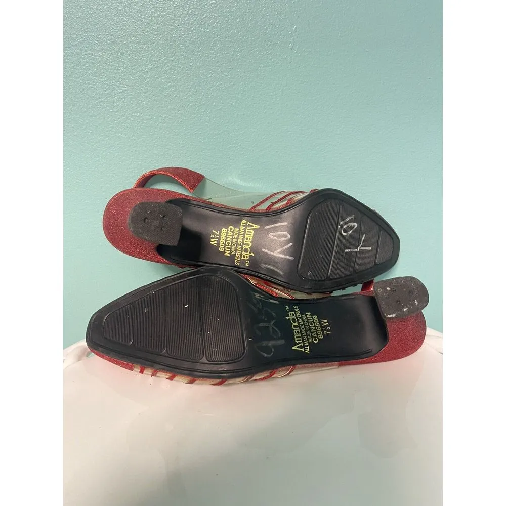 Vintage Amanda Cancun Red Glitter Slingback Closed Toe Sp Occasion Heels‎ Sz 7W - Image 7