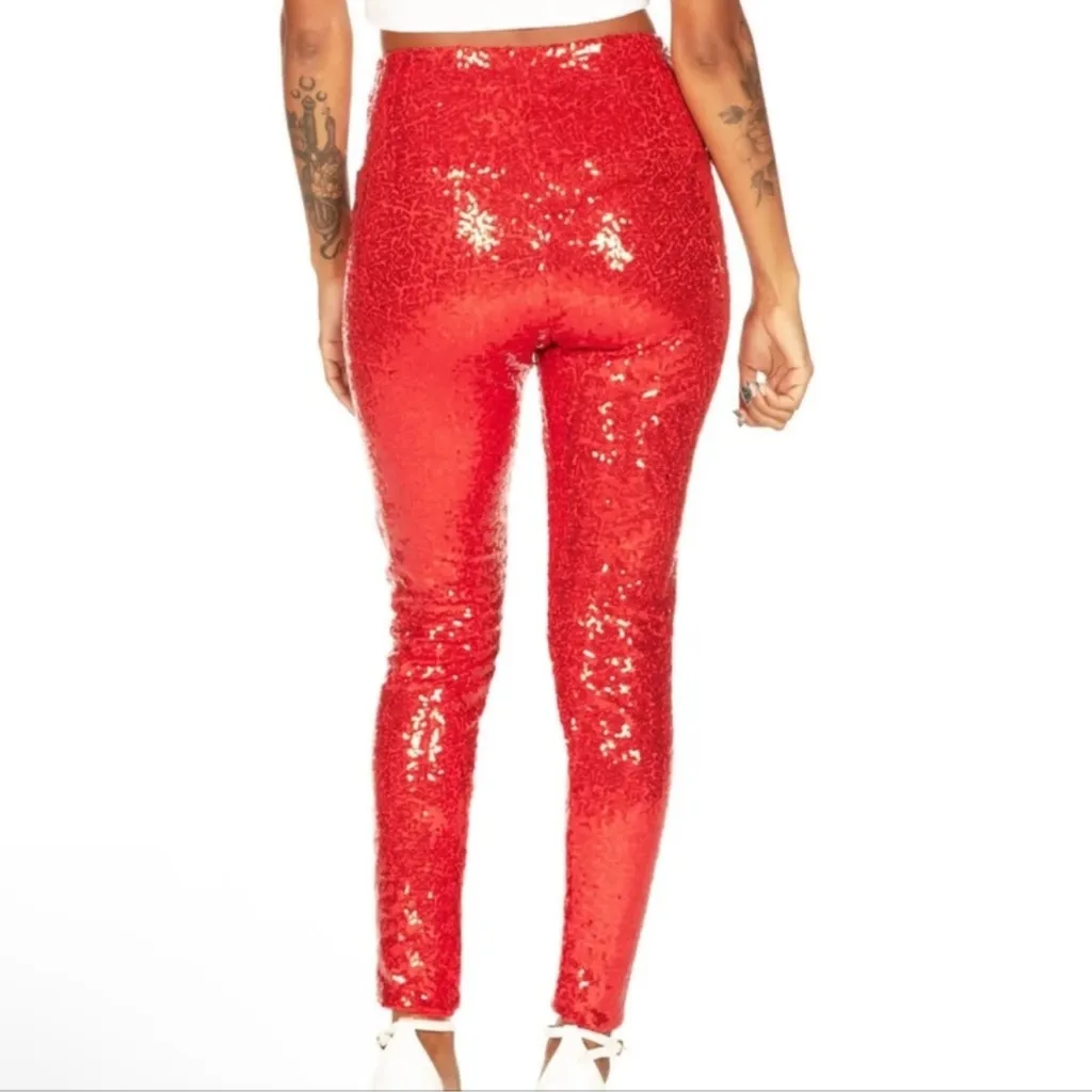 Tipsy Elves Sequin High Waisted Leggings - Red - XL - Image 2
