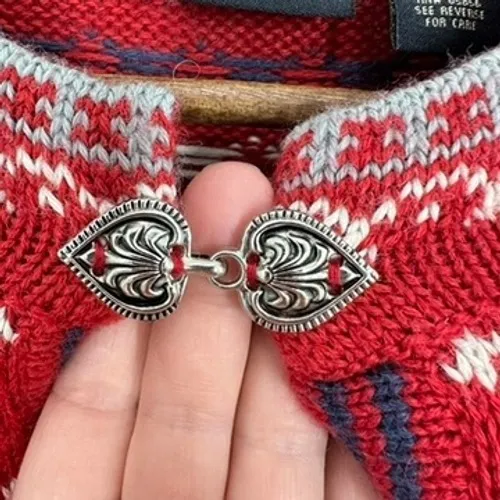 Guide Series Red Fair Isle Nordic Wool Blend Toggle Cardigan Sweater Heart Clasp - Image 5