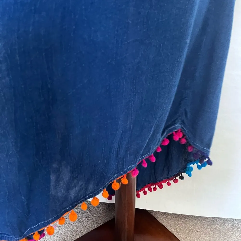 Riviera Sun Embroidered Denim Maxi Dress Sz S Festival Pom Poms Hanky Hem Boho Blue - Image 5