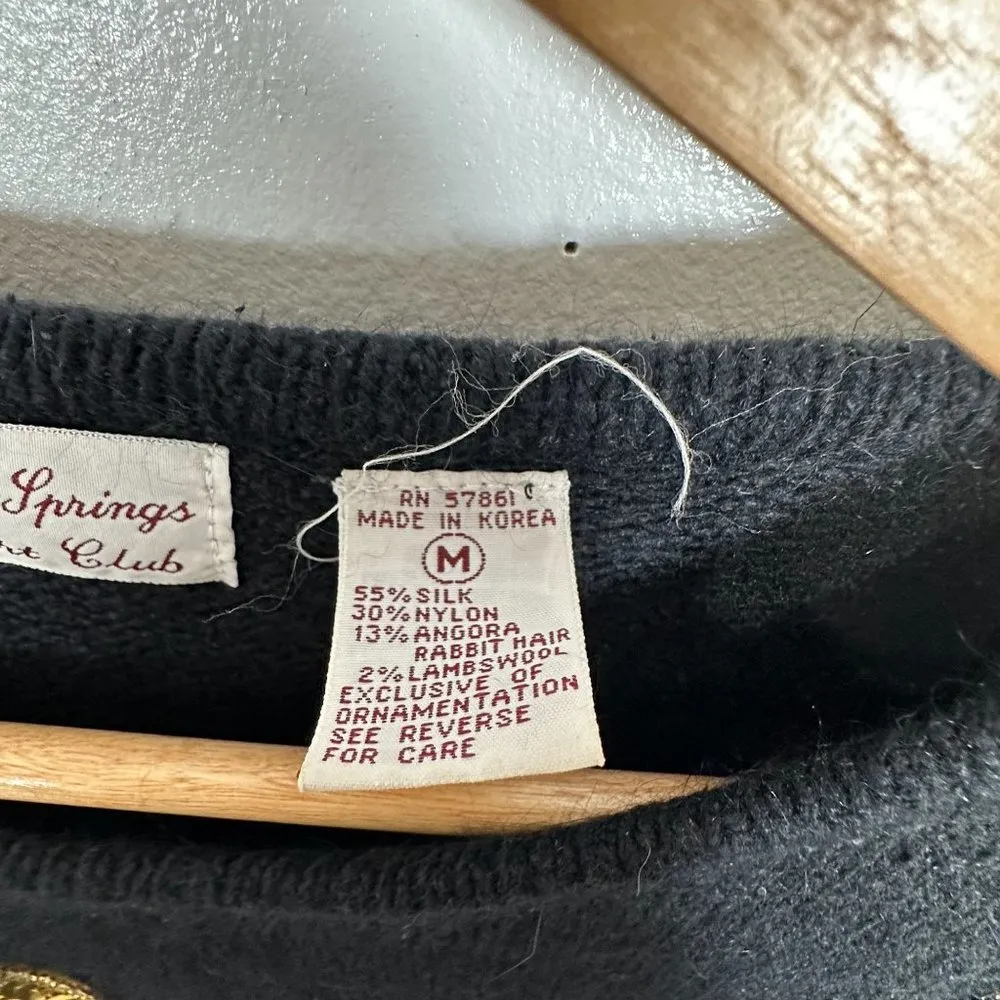 Vintage 80s Womens Sweater Christmas Palm Springs Yacht Club Sequin Bows Black Size M - Image 9