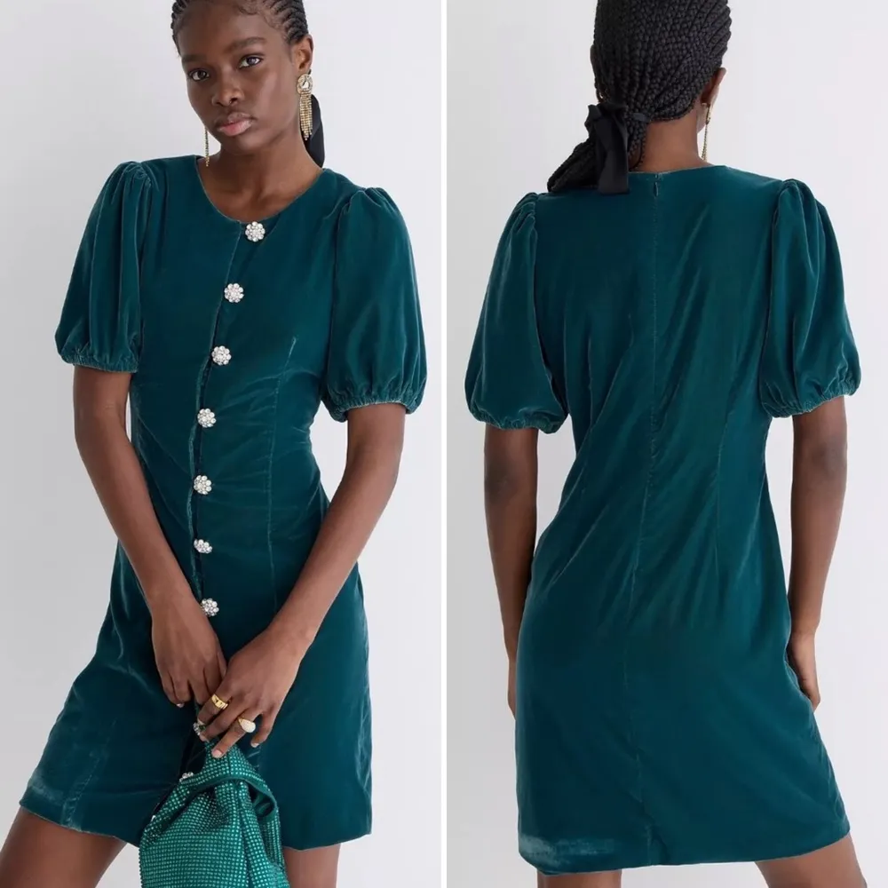 NWT J. Crew Collection Green Velvet Jeweled Button Front Mini Dress - Sz 6 - Image 3