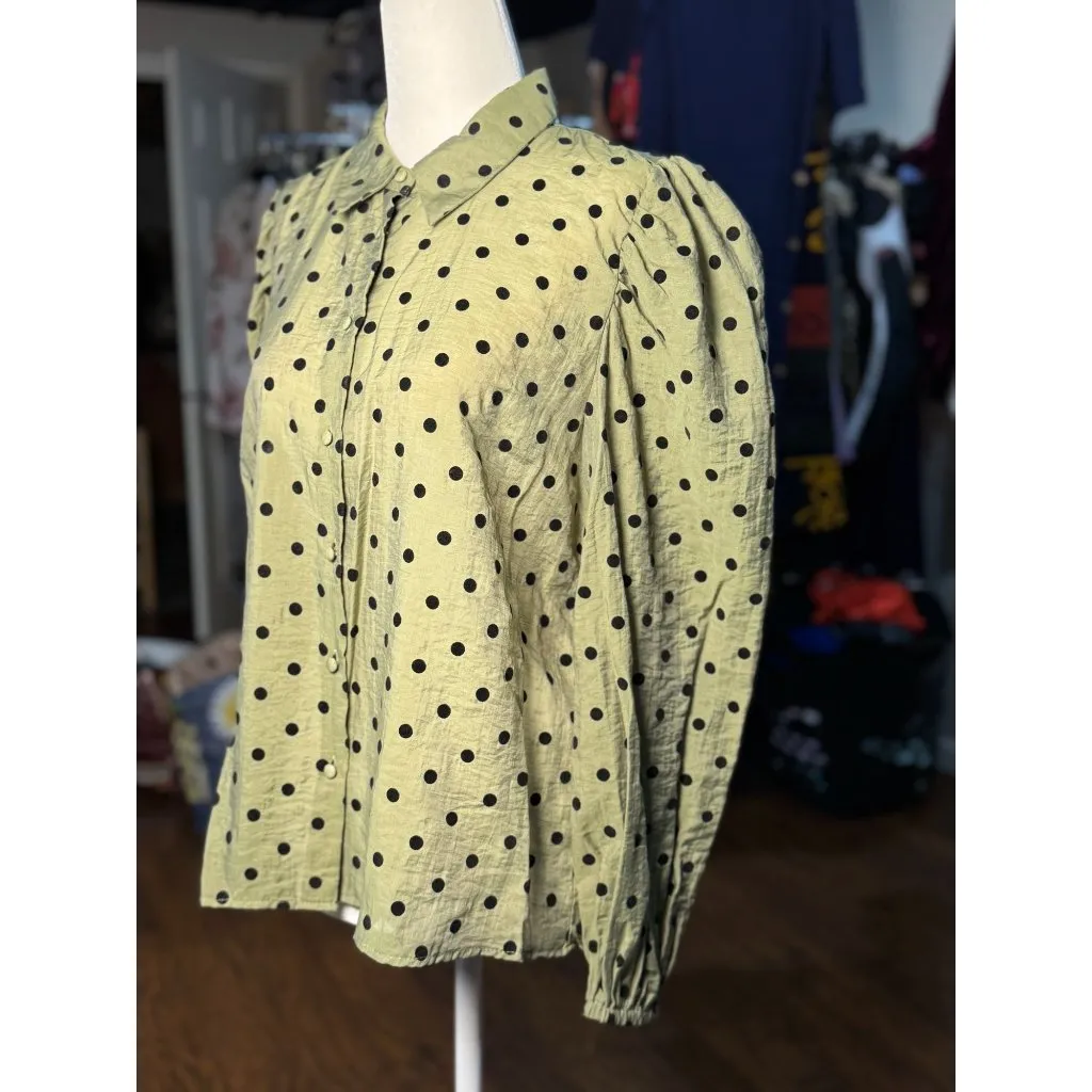 Stradivarius Womens L Green Black Polka Dot Long Puff Sleeve Blouse Button Down - Image 2
