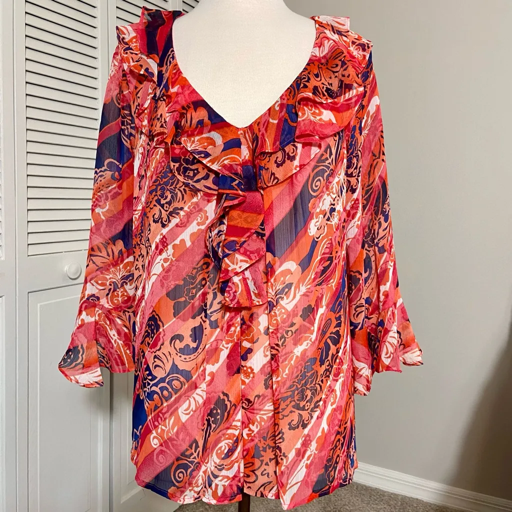 Vtg Jones New York Bell Sleeve Sheer Floral Ruffle Maximalist Blouse Medium M - Image 3