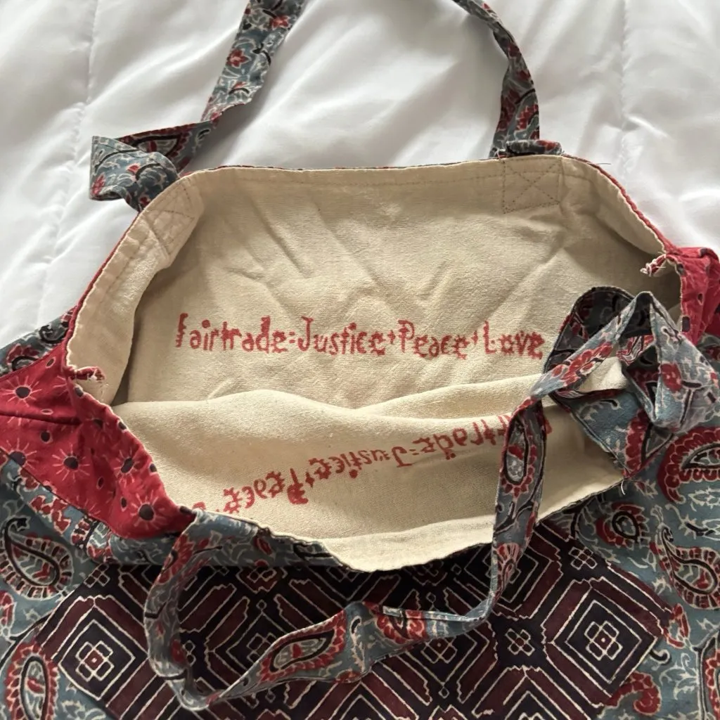 Cloth Tote Bag Fair Trade Peace Love Justice Books Grocery Blue 15" x 17" Hippie Red - Image 5