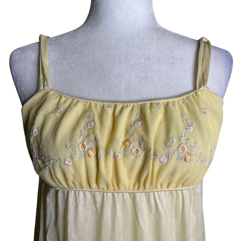Vintage 80s Yellow Floral Embroidered Nightgown Size Small Empire Waist Sheer - Image 2