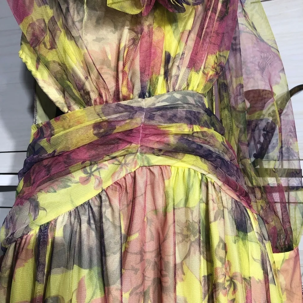 Vintage 70s One Shoulder Maxi Dress Floral Yellow Pink M Size M - Image 11