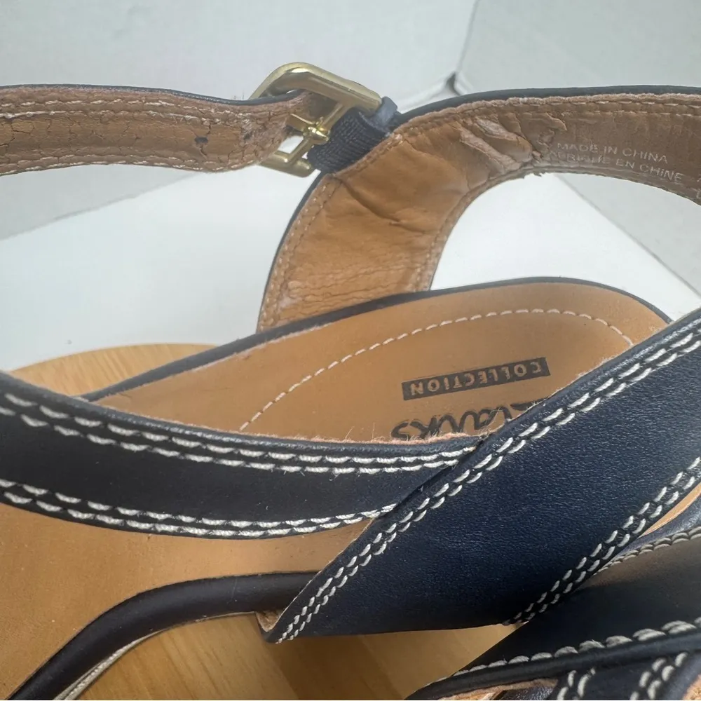 Clarks Collection Zia Castle Black Leather Wedge Ankle Strap Sandal Women Sz 10M - Image 9