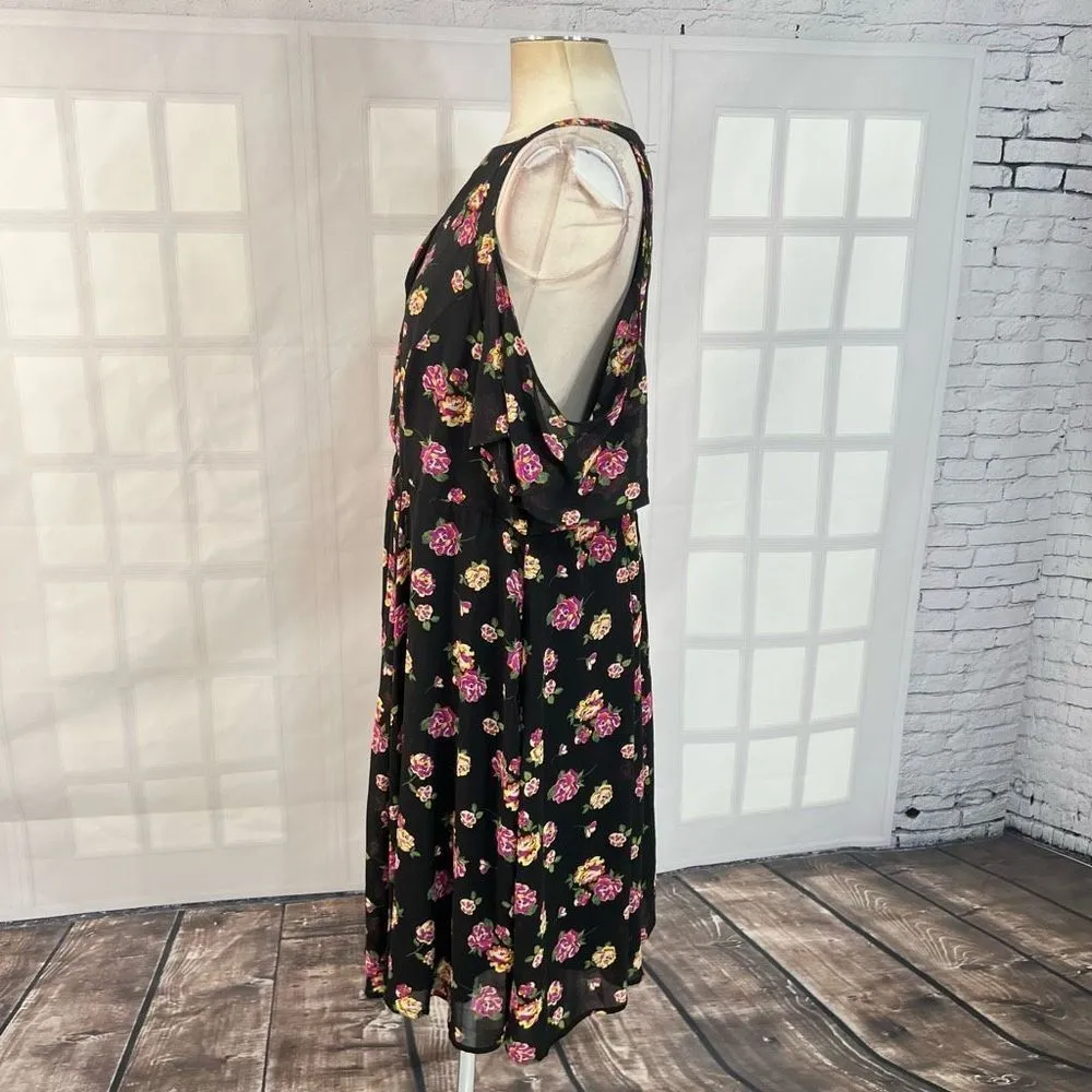 Torrid Halter Neck Floral Cold Shoulder Pleated A-Line Black Dress 16 - Image 7